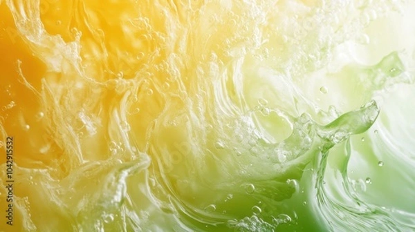 Fototapeta Top view of green and yellow jelly, clean white backdrop, apple juice splashes, soft texture, fresh and vibrant.