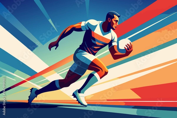 Obraz Dynamic Rugby Player Sprinting with Ball in Action-Packed Illustration