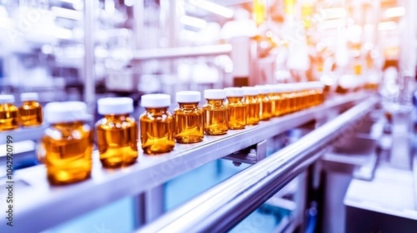 Fototapeta Medical vials on the production line in a pharmaceutical factory - A symbol of an efficient manufacturing process ensuring the safety and quality of pharmaceutical products.