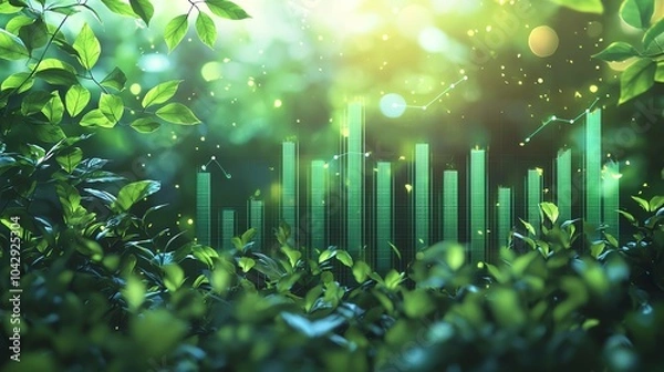 Fototapeta 35 Green data chart with fresh leaves framing, sustainable finance report, 3D illustration