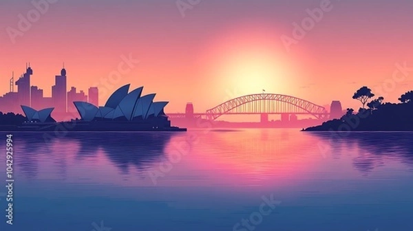 Obraz Minimalist flat illustration of Sydney's silhouette, including the Opera House and Harbour Bridge, with a soft ocean gradient transitioning from blue to pink, clean lines, simple shapes,