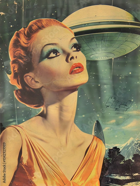 Fototapeta 1960s 1950s retro vintage color photo science fiction color tv show campy image of a woman in makeup looking up at a large UFO flying saucer aliens with light ray