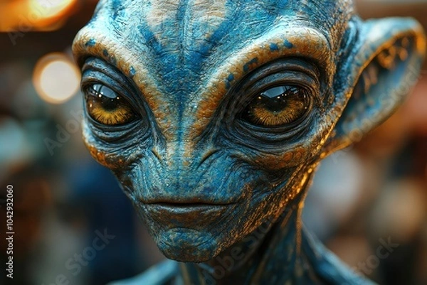 Obraz Close-up of an alien creature with textured blue and gold skin, large eyes, and a slightly open mouth