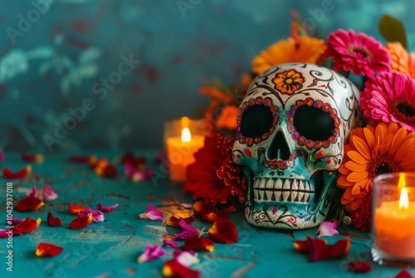 Fototapeta Beautiful greeting card with bright holiday composition for happy to joy celebrate dia de muertos