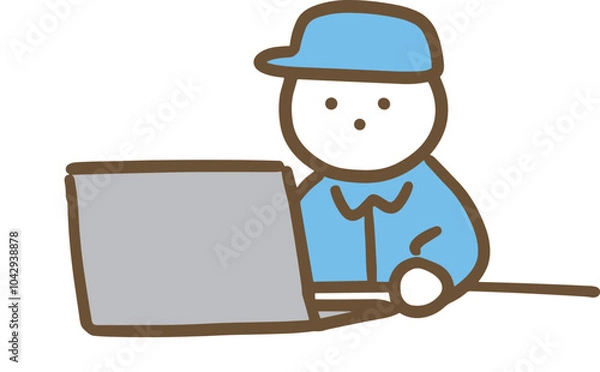 Obraz パソコンを使う作業服の男性