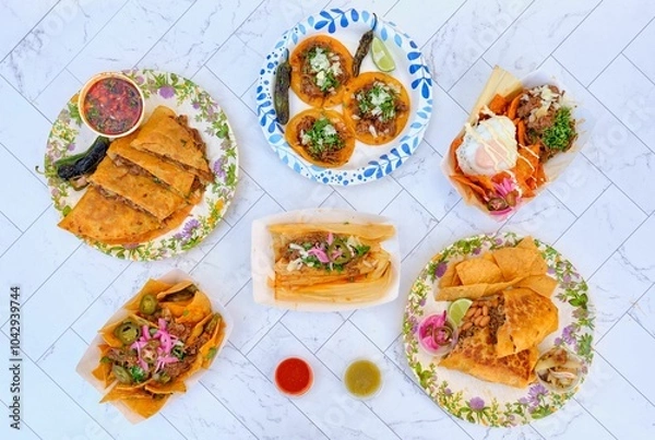 Fototapeta Mexican beef tacos with jalapenos, parsley, and fresh lime on ceramic surface