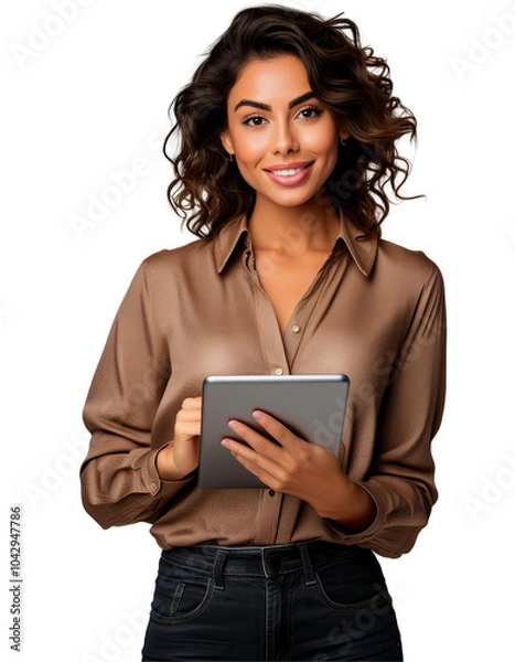 Obraz Businesswoman holding a Tablet - Office Worker Representative - Tech Company or IT Department Employee - Saleswoman, Finance, Administration, Manager, CEO of a Company - Working on Laptop