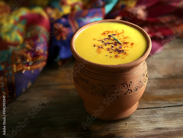 Obraz A traditional clay cup filled with vibrant yellow beverage, surrounded by colorful fabrics and rustic wooden background.