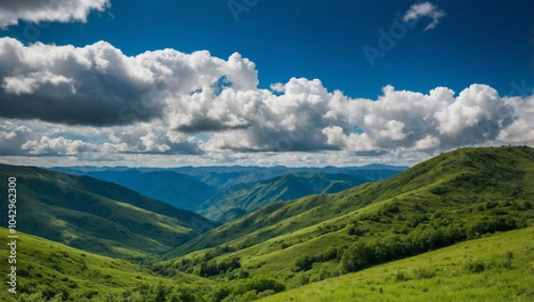 Fototapeta Lush green mountains under a bright blue sky with fluffy white clouds, creating a serene and open landscape.
