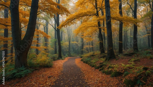Fototapeta Vibrant forest in autumn with golden leaves covering the trees and a winding path leading through the scene.