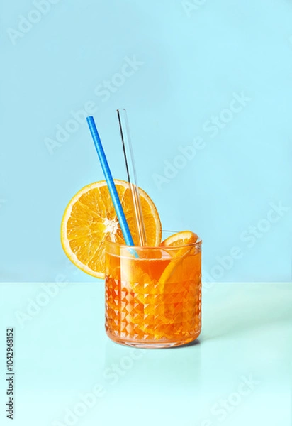 Fototapeta Aperol Spritz cocktail with orange slice. Bright orange drink on blue backdrop. Copy space