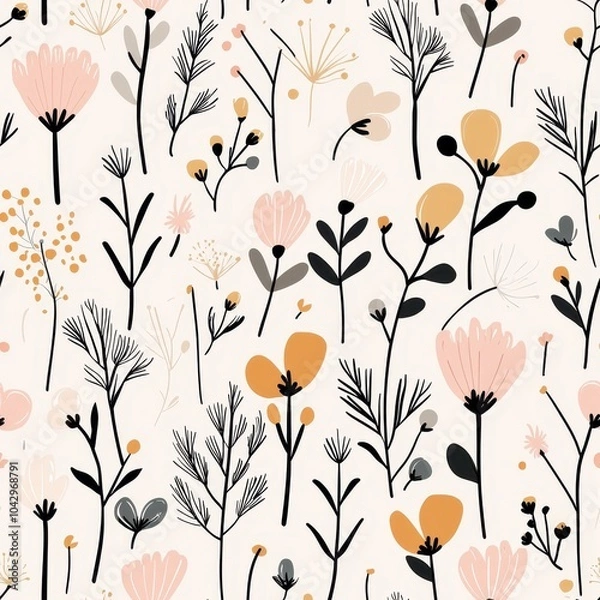 Fototapeta Delicate floral pattern with various shapes and colors on a light background.