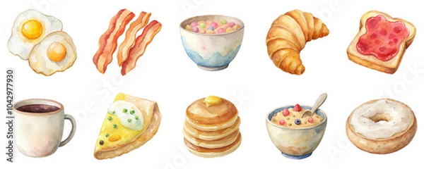 Fototapeta Breakfast items including eggs, bacon and pancakes. Morning meal in watercolor illustration set. Each element in soft pastel colors isolated on transparent background