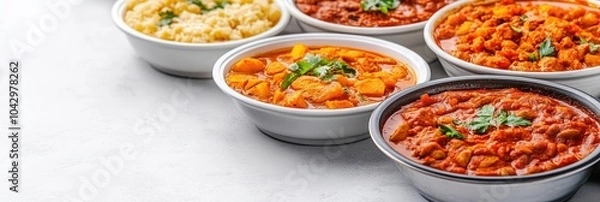 Obraz Indian Cuisine, A Close Up of Aromatic Curries and Rice in White Bowls, Ready to Serve