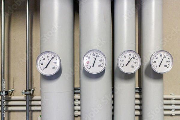 Fototapeta Temperature displays on various heating lines of a hot water local heating system