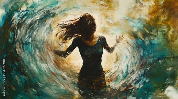 Fototapeta Dramatic abstract art, woman or girl in emotional distress or feeling intense emotions, landscape format with copy space for text.