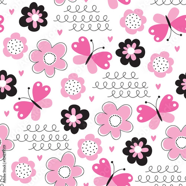 Obraz seamless flower and butterfly pattern vector illustration