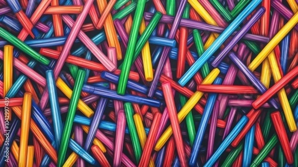 Fototapeta A background completely covered with brightly colored ballpoint pens, arranged in a criss-cross pattern, filling the surface with a vibrant mix of colors.