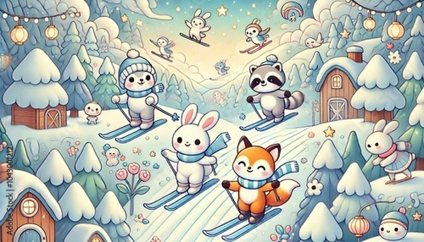 Fototapeta Bright and Cheerful Animal Friends Skiing Down a Snowy Slope in a Fantasy-Inspired Winter Wonderland