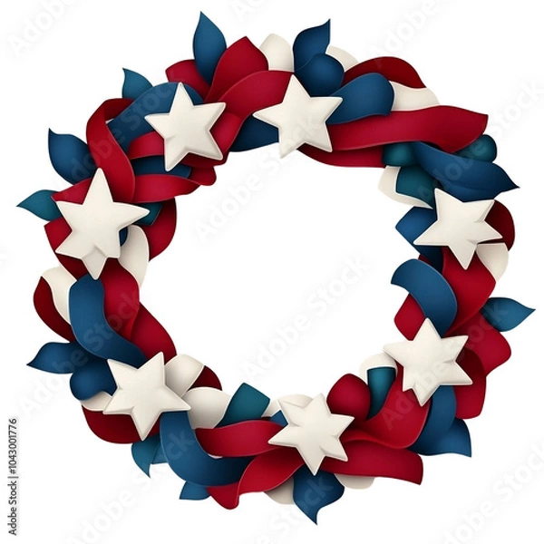 Fototapeta A circular wreath made of red, white, and blue ribbons and white stars. The stars are evenly spaced around the wreath and are all the same size. The ribbons are also evenly spaced