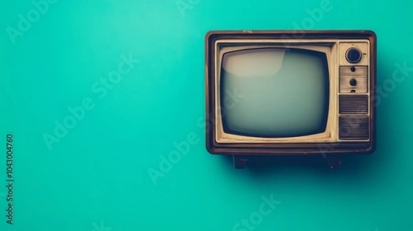 Fototapeta a old vintage tv on color background. retro technology. flat lay top view hero header. vintage color styles. copy space for text