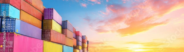 Fototapeta Colorful shipping containers stacked against vibrant sunset sky, showcasing logistics and supply chain industry. scene evokes sense of efficiency and modernity in transportation