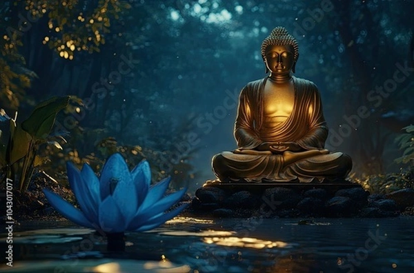 Fototapeta A golden Buddha statue sits amidst a dark jungle, its serene expression illuminated by a glowing golden light.