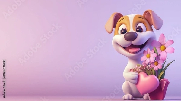 Obraz A cheerful cartoon dog holds flowers and a heart on a soft purple background, radiating joy and positivity