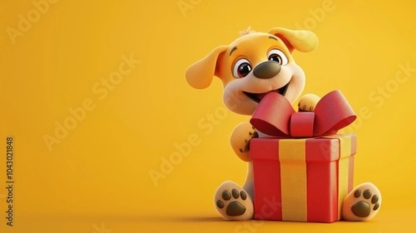 Obraz Playful cartoon dog joyfully sitting beside a bright red gift box on a cheerful yellow background