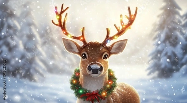 Obraz A beautiful Christmas reindeer, decorated with lights and ornaments, stands in the snow against a winter background
