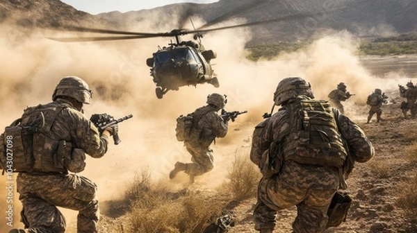 Fototapeta Joint combat operations, showcasing the collaboration between multiple military branches during combat missions