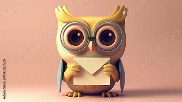 Fototapeta 3D rendering of a cute owl character holding an envelope, in a cartoon style with simple shapes and big eyes, isolated on a pastel background.