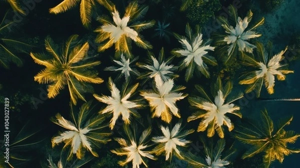 Fototapeta Aerial view of lush palm trees showcasing vibrant foliage and natural patterns.