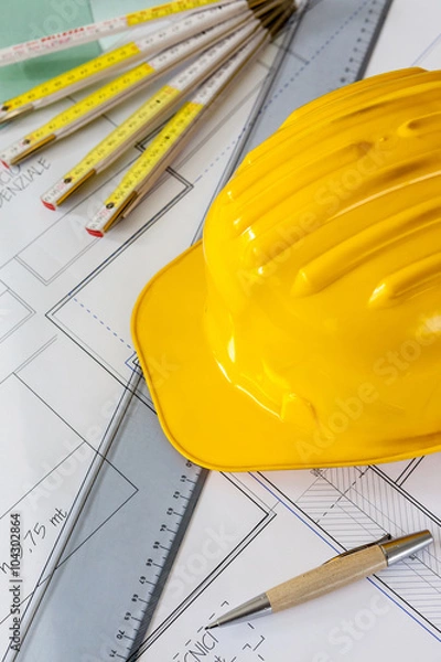 Obraz Progetto, caschetto, riga e matite