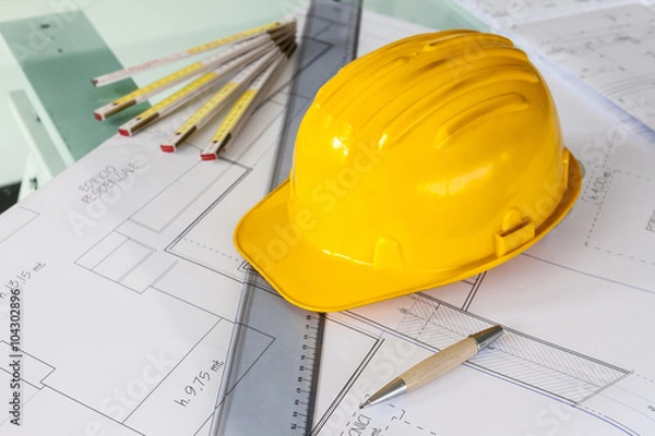 Obraz Progetto, caschetto, riga e matite