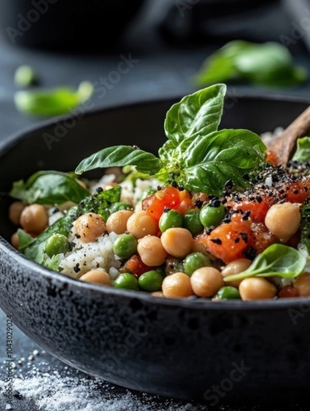 Obraz Close up of vegan chickpea bowl with rice and fresh vegetables and black sesame seeds