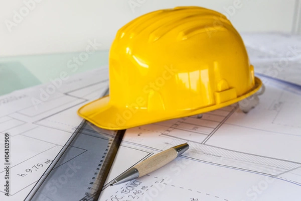 Obraz Progetto, caschetto, riga e matite