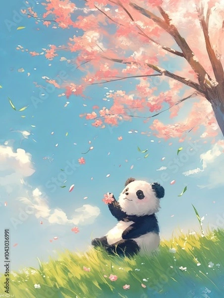 Obraz Cute Panda Sitting in a Meadow Under a Cherry Blossom Tree