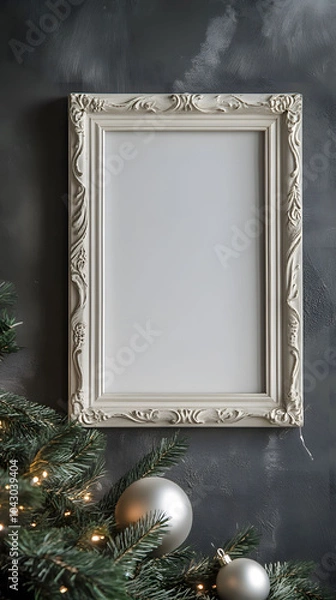 Fototapeta A festive Christmas wreath and frame decorated with branches, cones, and holiday ornaments featuring winter elements and green pine, perfect for a holiday card or celebration illustration
