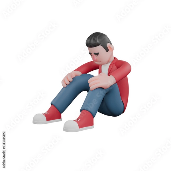 Fototapeta 3D Male Singer Character. A male singer is sitting on the floor with his face down while both hands are on his knees. Cartoon Music Artist