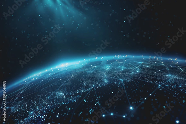Fototapeta Abstract background with blue gradients and glowing planets made up of interconnected dots and lines