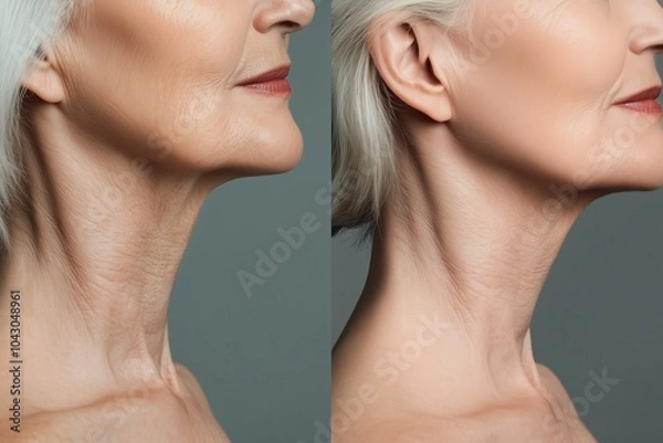 Fototapeta Before and after, a detailed close-up of an elderly woman's neck, showcasing sagging skin in the "before" section and a visibly lifted, smooth neck in the "after" section.