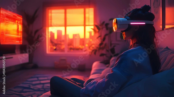 Obraz A surreal scene of a person sitting in a modern living room, wearing a VR headset. Around them, glowing 3D virtual objects begin to materialize.