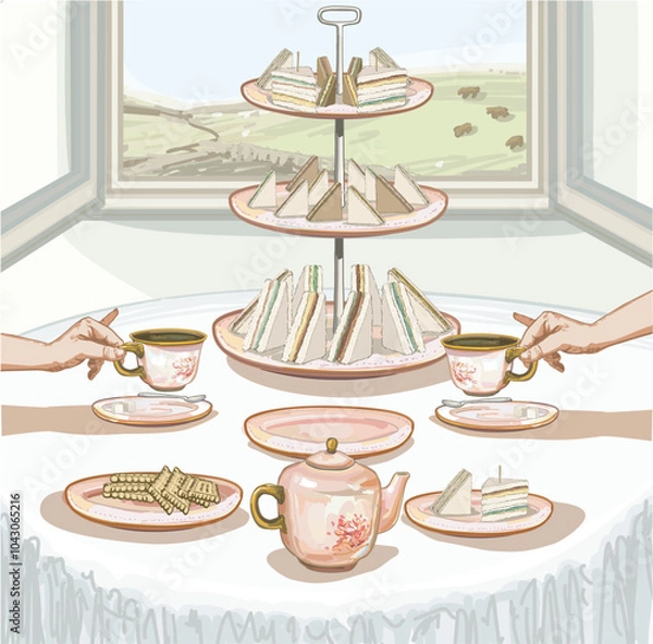 Fototapeta pink ceramic set coffee in two cups hands  pinky finger up afternoon british tea time party  with biscuits classical pottery tableware fingers sandwich  illustration interior background