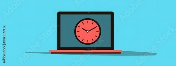 Fototapeta A flat vector illustration of a clock on a laptop screen, against a blue background
