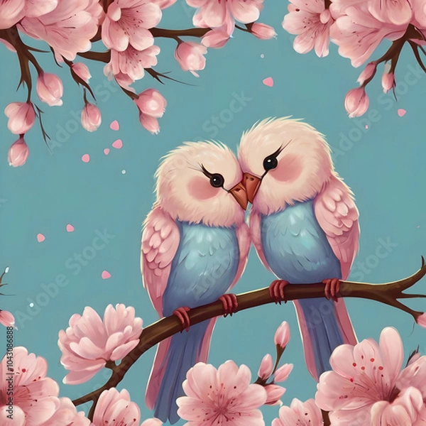Fototapeta Produce a digital painting of two cute, cartoon birds cuddling, one in light pink and the other in light blue, both with large expressive eyes and soft, fluffy feathers. Their heads should be touching