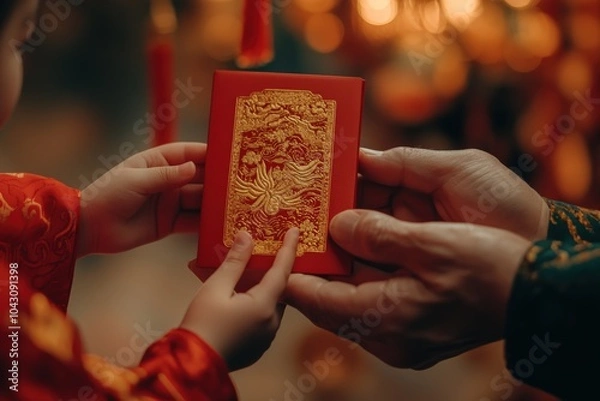 Fototapeta Close-up of a child receiving a red envelope with golden details during a traditional celebration