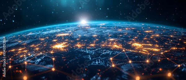 Fototapeta Global Network and Data Connections at Night