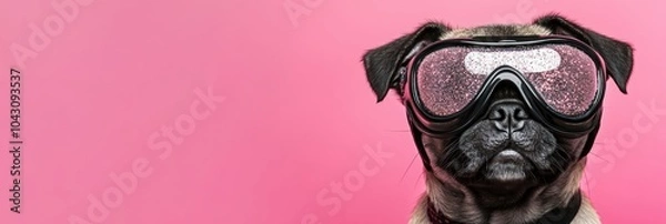 Fototapeta A pug wearing stylish goggles against a pink background, exuding a playful vibe.