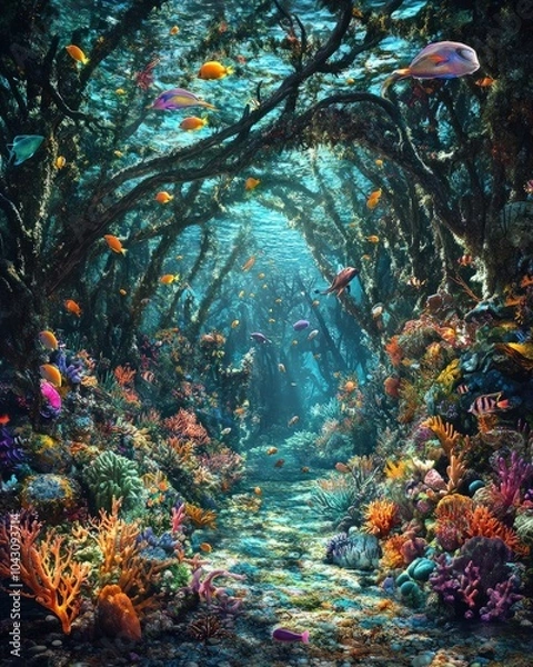 Fototapeta A fantastical underwater forest with coral branches forming a canopy above, while vibrant, glowing marine plants cover the ocean floor, home to colorful fish and strange, mythical sea creatures